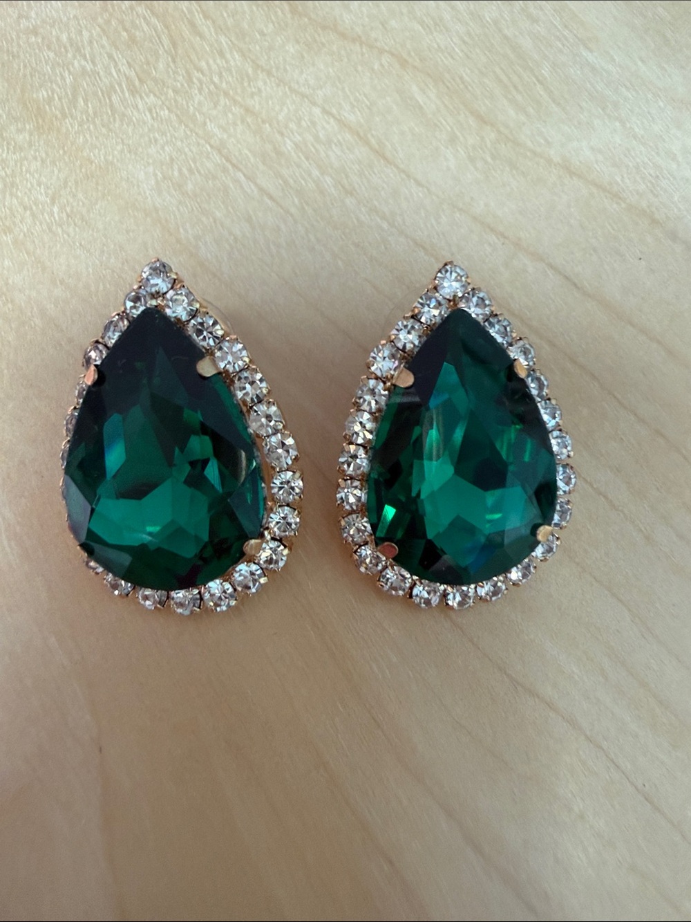 Emerald Green Teardrop Crystal Halo Statement Earrings Gold Tone